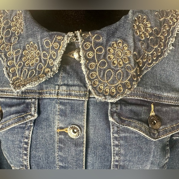 ONADO Paris Women’s Embroidered Lace Asymmetric Hem Cotton Denim Jacket Sz XL/42 - Picture 2 of 13